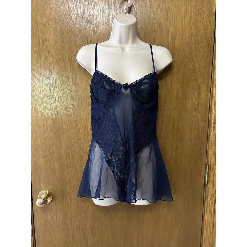 Vintage The Pleasure Company sz 1X Lingerie Teddy Bodysuit Lace Sheer NAVY E25